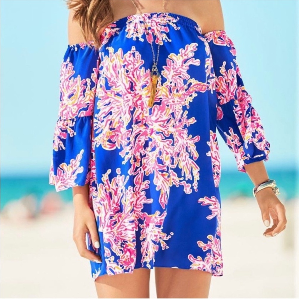 Lilly Pulitzer Off-Shoulder Mini Dress in Royal Blue with Pink Floral Print